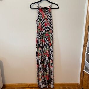 Tacera Black and White Chevron Floral Maxi Dress